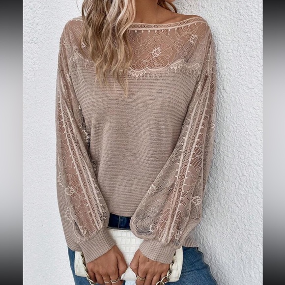 Comfy Elegant Sheer Mesh Lace Boat Neck Batwing Sleeve Sweater Top - Picture 3 of 6